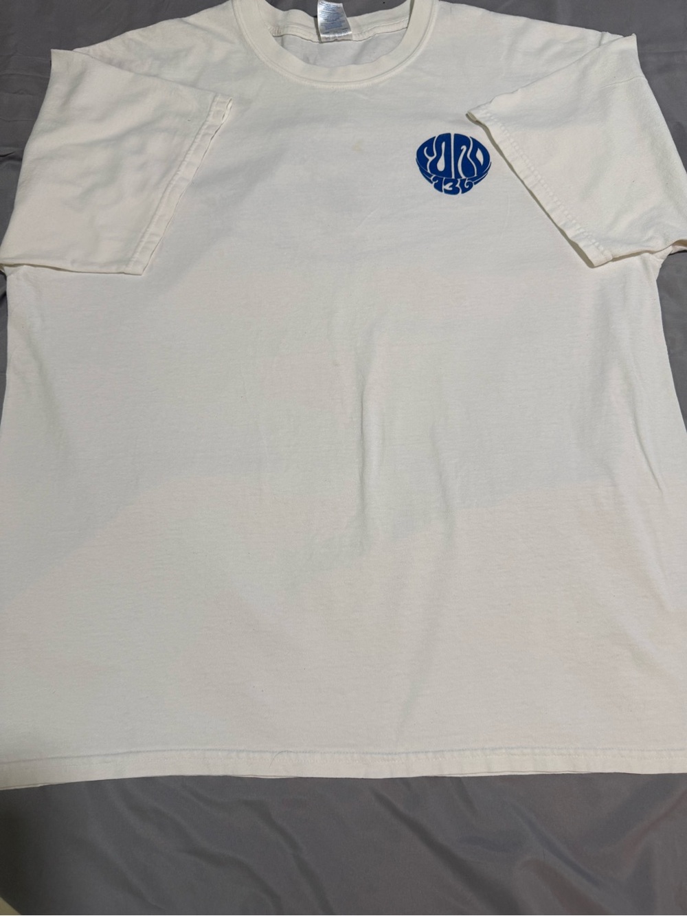 Gildan White Short-Sleeve Tee with Blue Chest Emblem